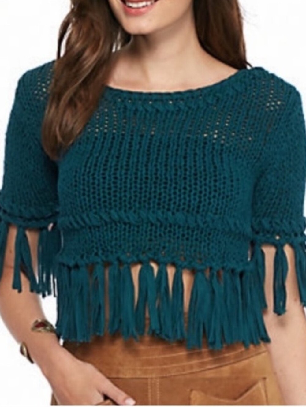 Free People Women's "On the Fringe" fringe Hem boho Knit Sweater Teal size small
